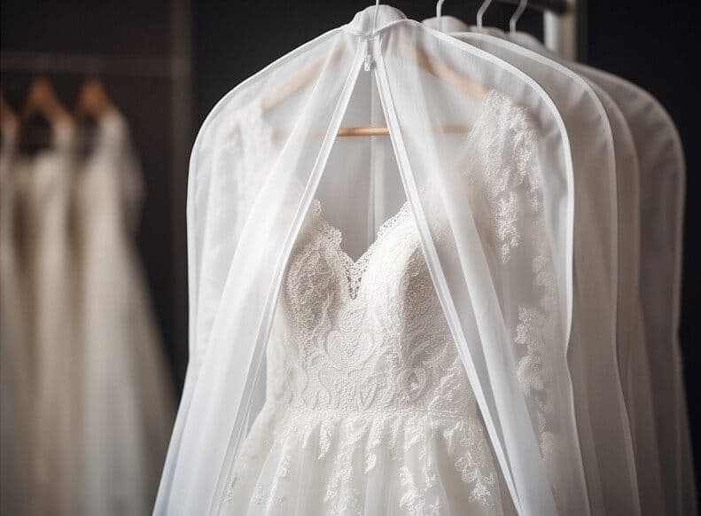 Vestido de novia con funda protectora tras su limpieza en una tintorería de Vigo