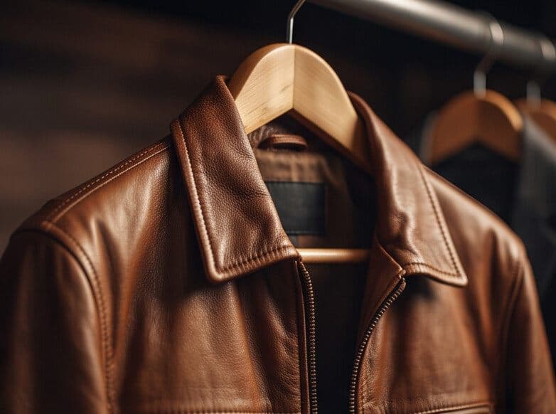 Chaqueta de piel limpia en percha de madera en una tintorería de Vigo