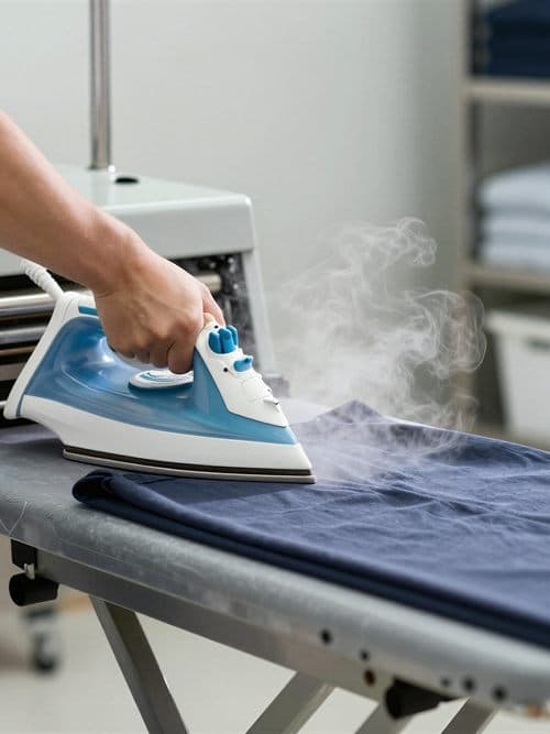 Planchado a vapor de una prenda en una tintorería y lavandería de Vigo