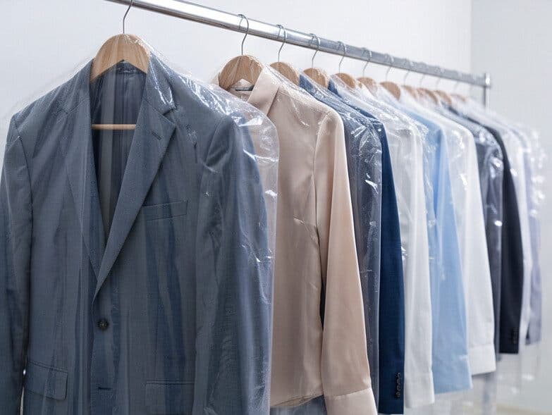 Camisas y chaquetas limpias colgadas en una tintorería de Vigo